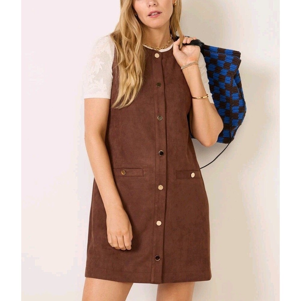EVEREVE Darcy Dress Faux Suede Mini Dress Sleeveless Button Front Retro NEW